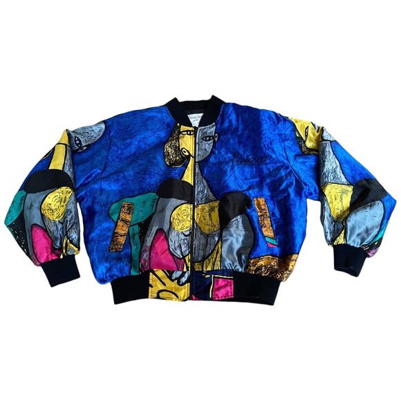Vtg 90s Exclusively Misook OS Picasso graphic satin bomber jacket wearable art - Picture 10 of 12